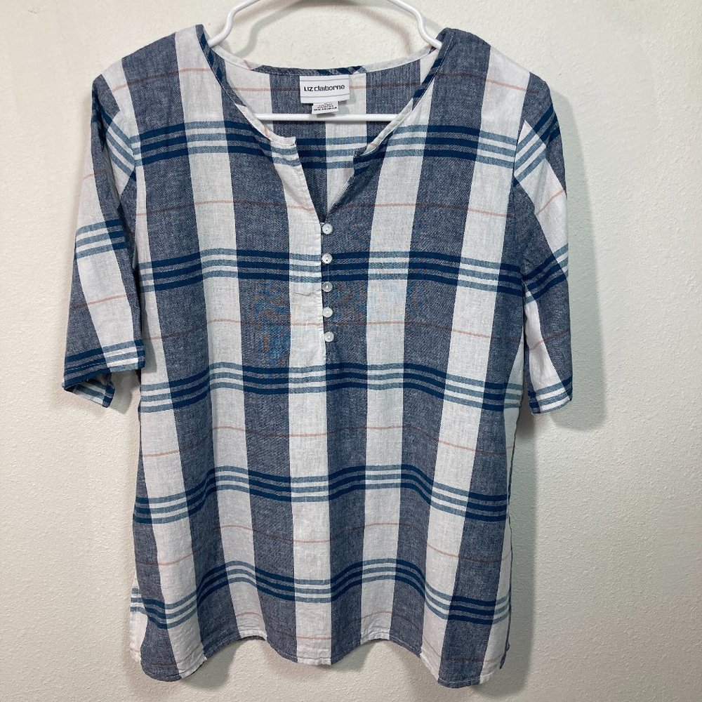 Liz Claiborne Linen Plaid Short Sleeve Popover Camp Shirt Size Medium